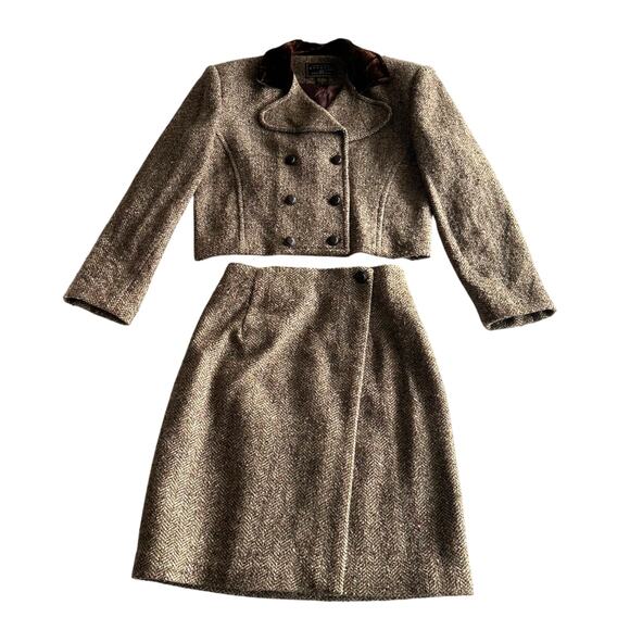 Express VTG 90s Wool Blend Double Breasted Wrap Skirt Tweed Brown Suit Set S - Picture 1 of 15